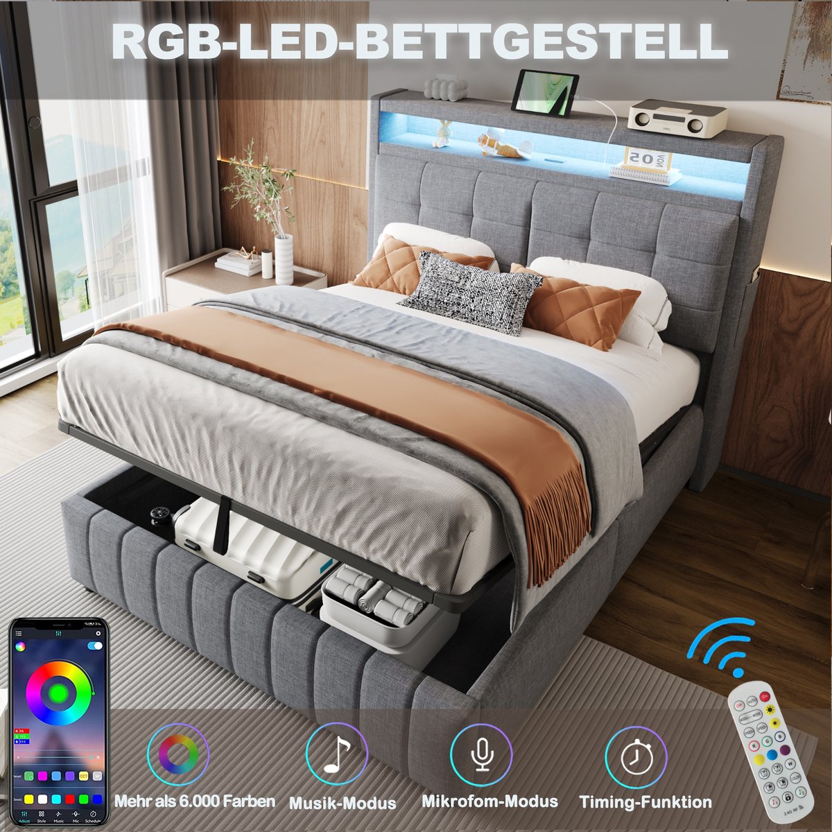 Merax 140x200 cm gestoffeerd bed - met LED-verlichting en USB-aansluiting - met opbergruimte - met scheidingsvak - grijs - zonder matras