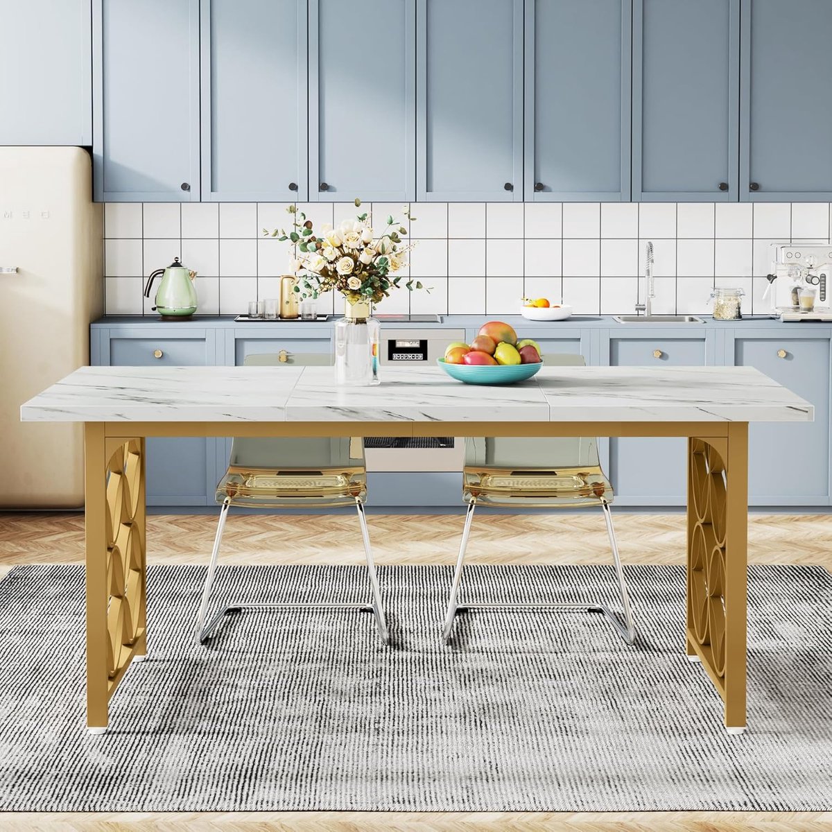 Eettafel marmerlook 160 cm - Moderne Eettafel 6 Personen - HomeByNicole Luxor - Wit & Goud