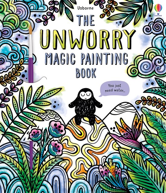 De 'Unworry Magic Painting Book' met een schildersezel, kwast en een pinguïn op een heuvel, omringd door bloemen en bladeren.