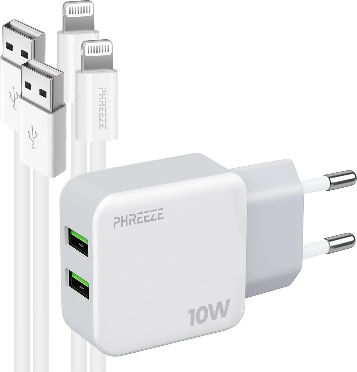 Phreeze usb oplader - Geschikt voor iPhone 14 13 12 11 X XR XS Max Pro Mini Plus en iPad met Lightning kabel - 10 W adapter 2.1 A met 2 kabels