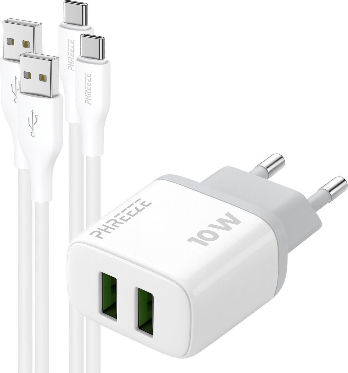 Phreeze usb power adapter 2.4 A - Dubbele usb poorten - 12 W oplaadset met 2 usb C kabels 1m - Oplader voor controller en camera