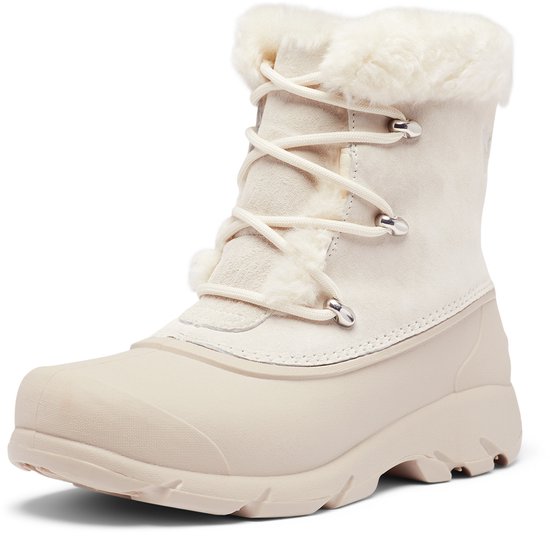 Crème kleurige dames snowboot van Sorel met witte bontkraag en veters.