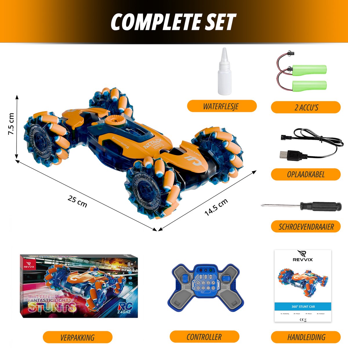 Revvix Bestuurbare Auto - RC Auto - Afstandsbestuurbare auto - Radiografisch bestuurbare auto - Race auto afstandbestuurbaar - Auto afstandsbediening - Stuntauto - Rook & Licht - 2 Accu's - Buiten - voor Jongens & Volwassenen - Offroad - Drift - Car — afbeelding 2