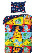 Donkerblauwe dekbedovertrek met een print van Pokémon-personages zoals Pikachu, Bulbasaur en Charmander, met Poké Balls. Kussensloop met Poké Balls.