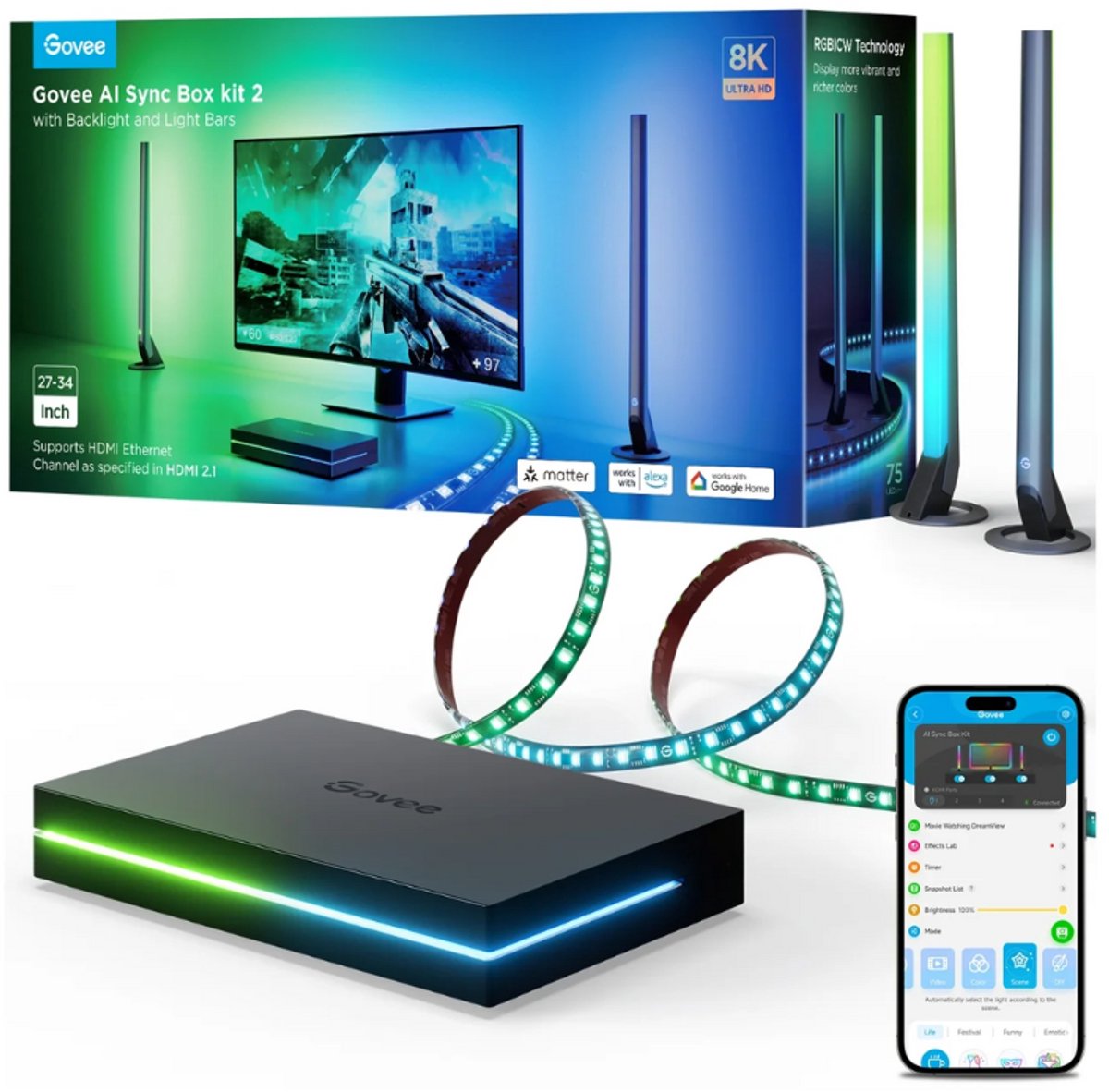 Govee AI Sync Box 2 27–34 inch met lightbars - HDMI sync box met ledverlichting - RGBICW - app-bediening - Alexa/Google - Matter compatibel