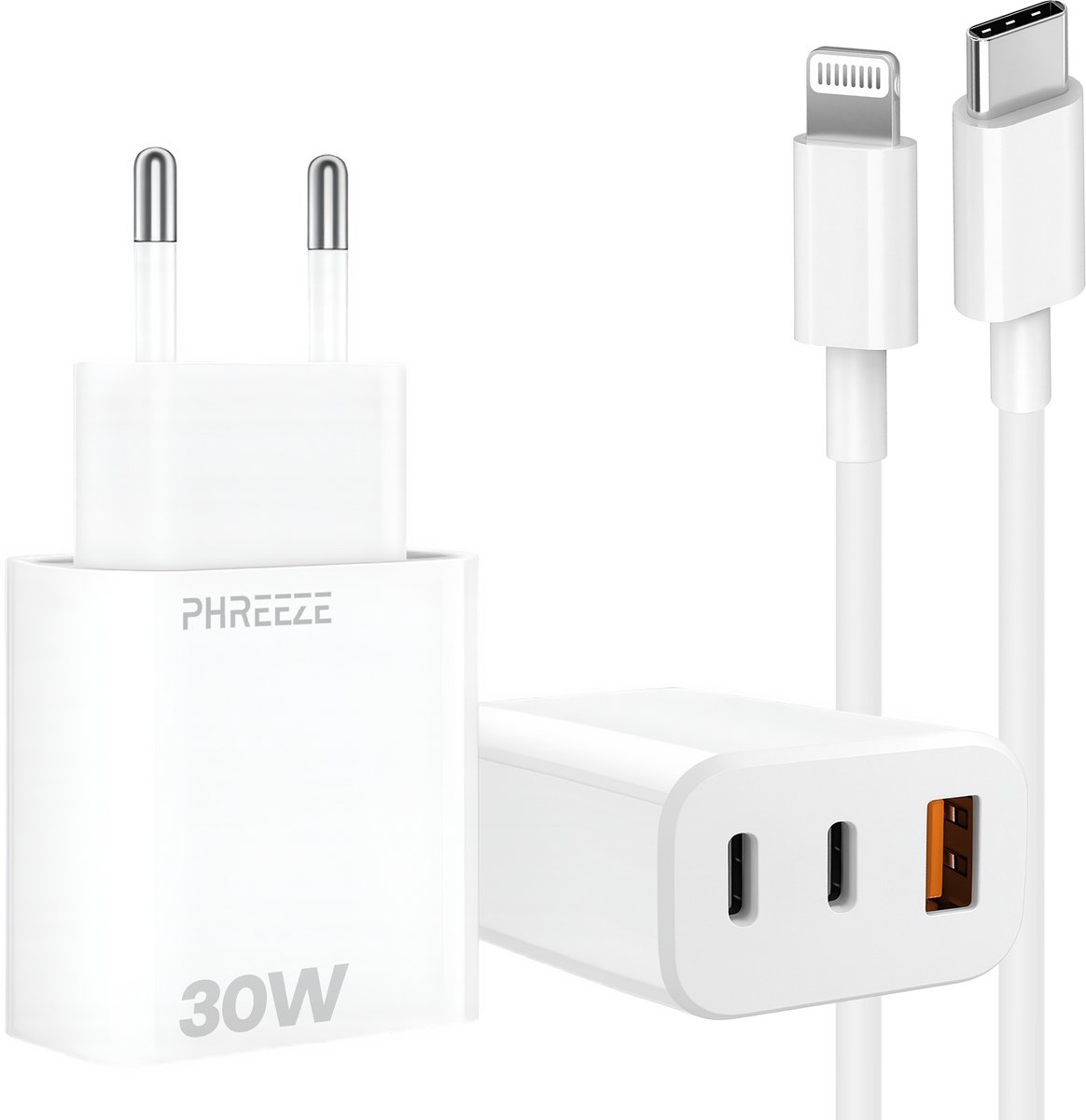 3 poorts snellader met usb C naar Lightning kabel - Made for iPhone