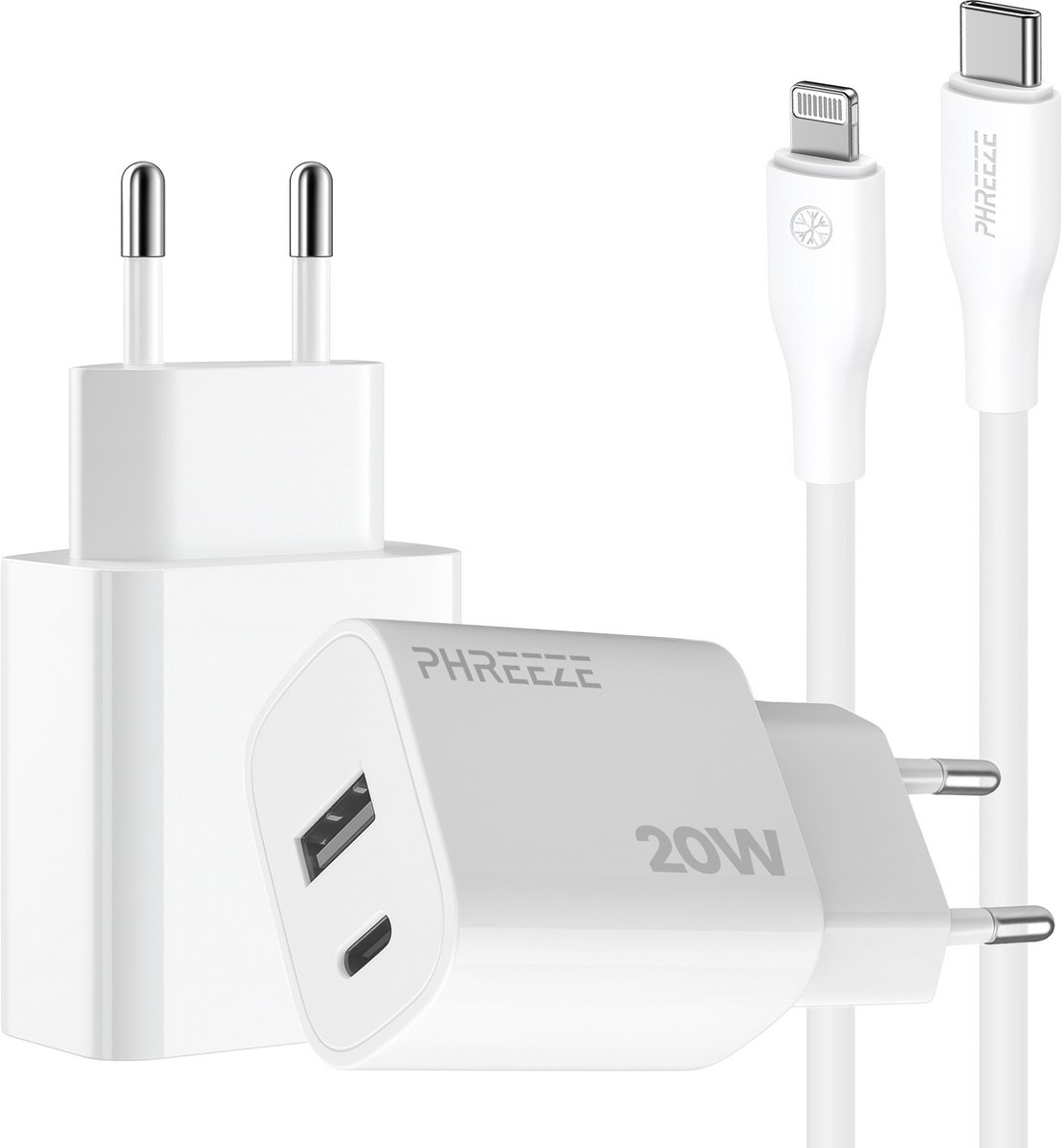 Phreeze usb C adapter 20w met kabel geschikt voor iPhone en iPad met Lightning kabel - Power Delivery snellader met 2 poorten