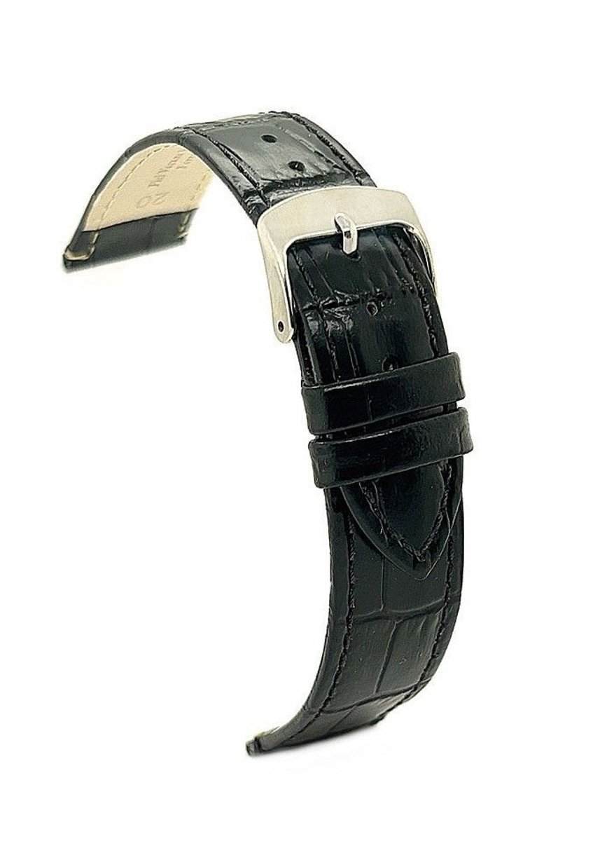 horlogeband-horlogebandje-18mm-echt leer-croco look-zwart-zacht-plat-stalen gesp-leer-18 mm