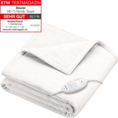Wit Beurer HD 75 Nordic Taupe elektrische deken met afstandsbediening en ETM testmagazine "Sehr Gut" label.