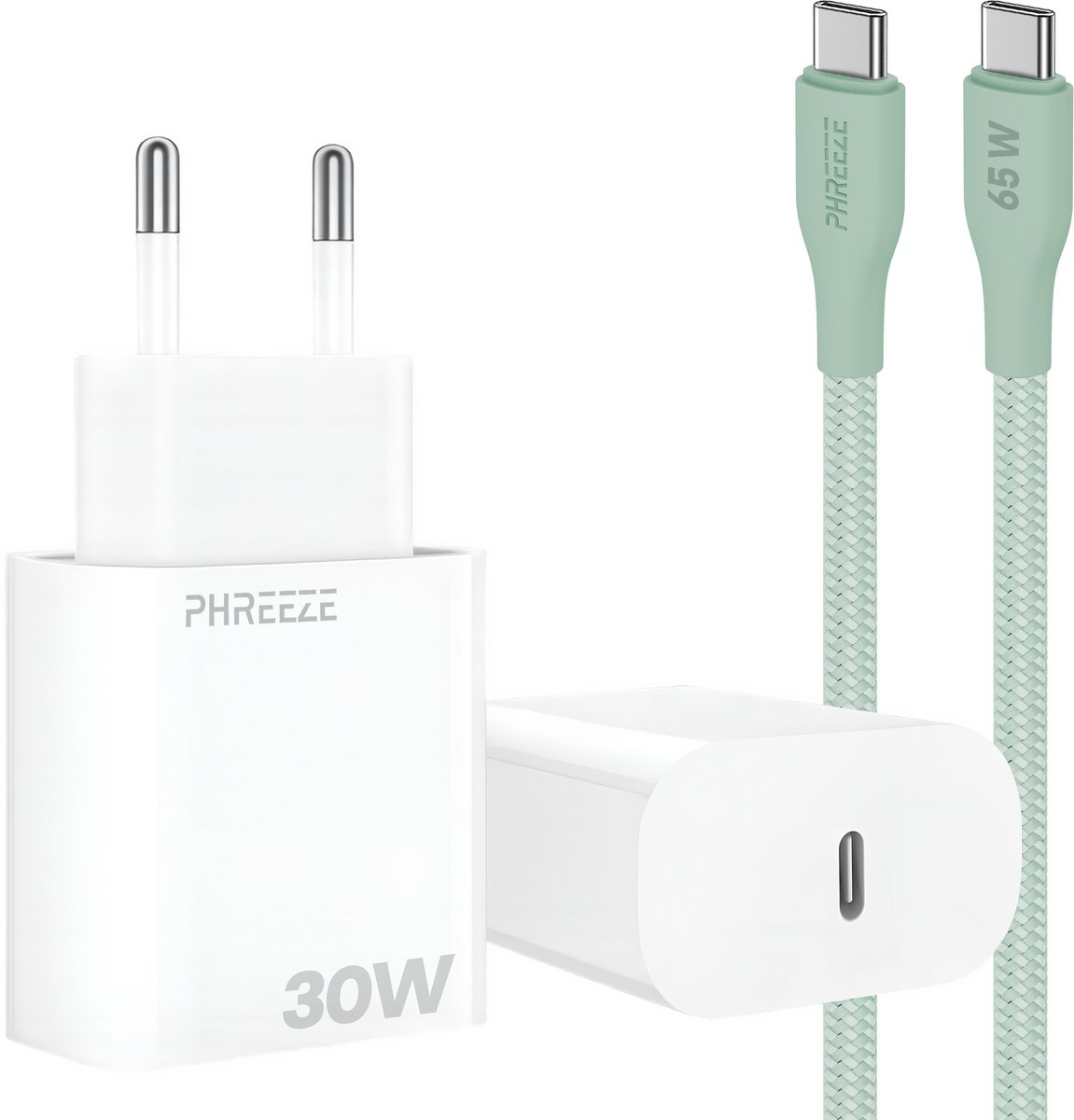 Power Delivery oplader met 30w usb C poort met usb C kabel 1m groen