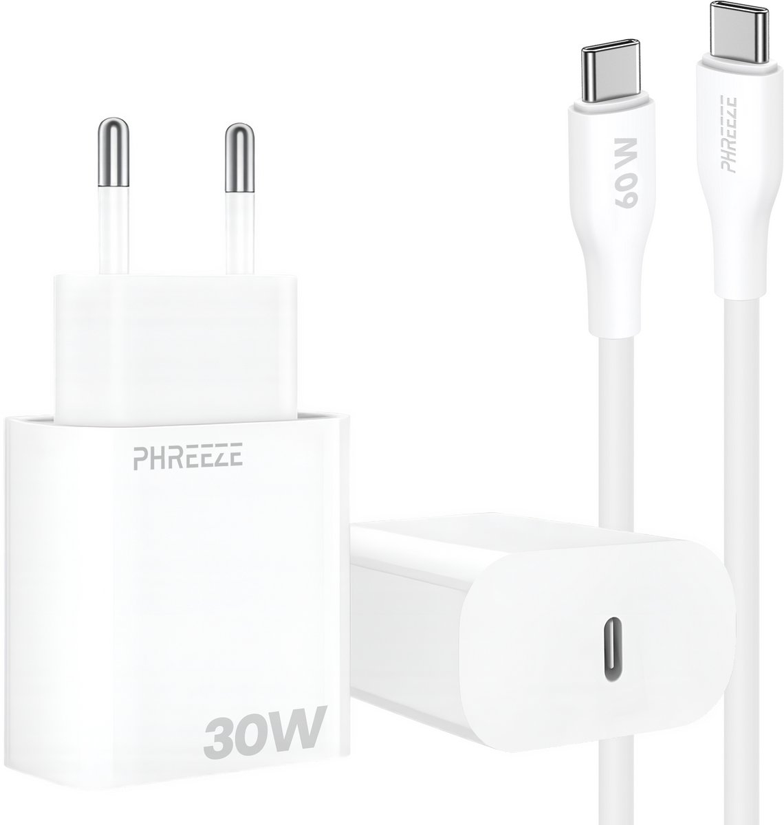 Phreeze 30W usb C adapter set - Oplader met usb C naar usb C kabel 1 meter - Wit