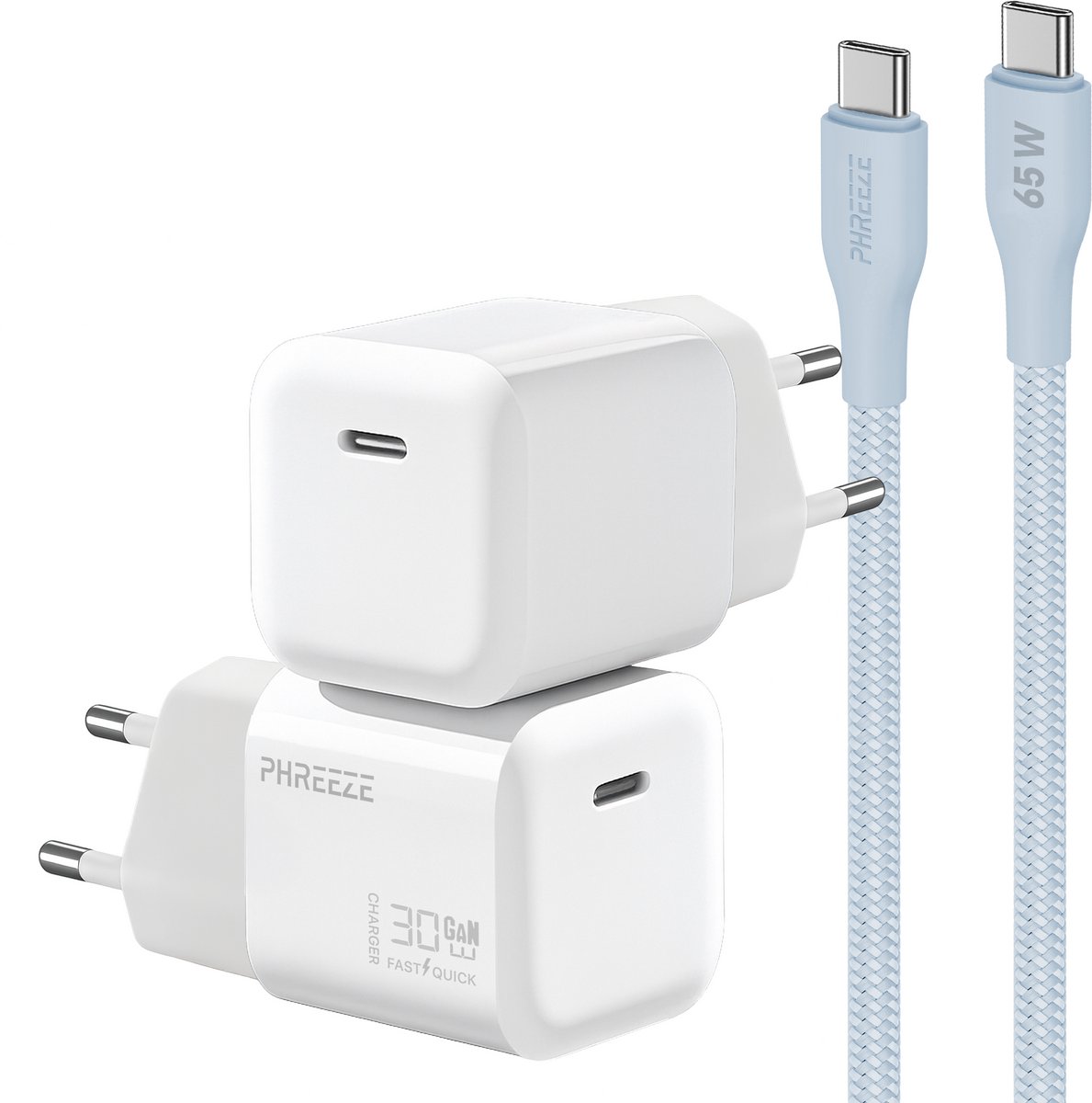 Power Delivery oplader met 30w usb C poort met usb C kabel 1m blauw