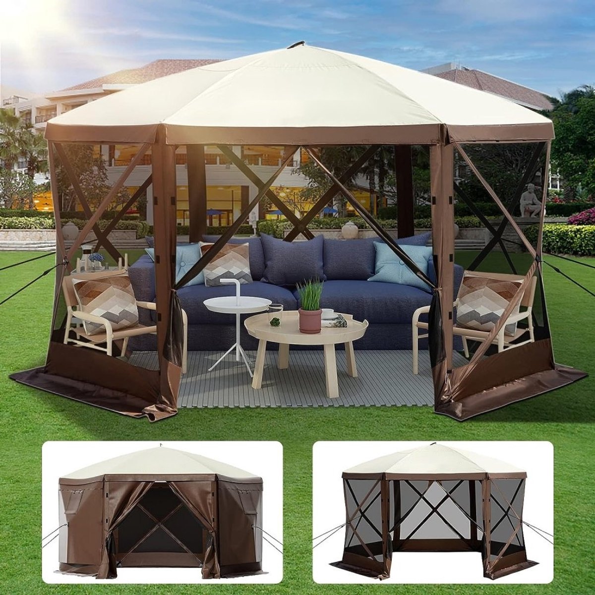 Pop-up Partytent Tuinpaviljoen - 6-zijdig Prieel - 3,05 x 3,05 m - Muggengaas - Draagtas & Haringen - Snel Opzetten - Tuin & Camping