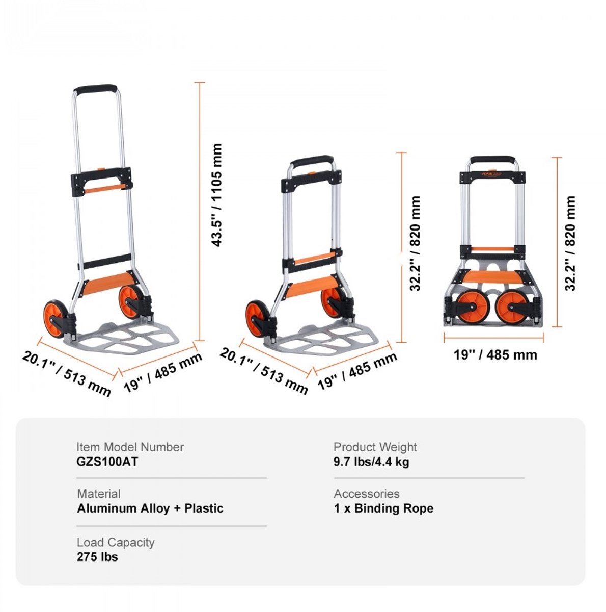Opvouwbare steekwagen - Transportwagen - Draagvermogen 125 kg - Aluminium en Kunststof - Verstelbare handgreep 82–110,5 cm - Met bevestigingskoord - Compact op te bergen