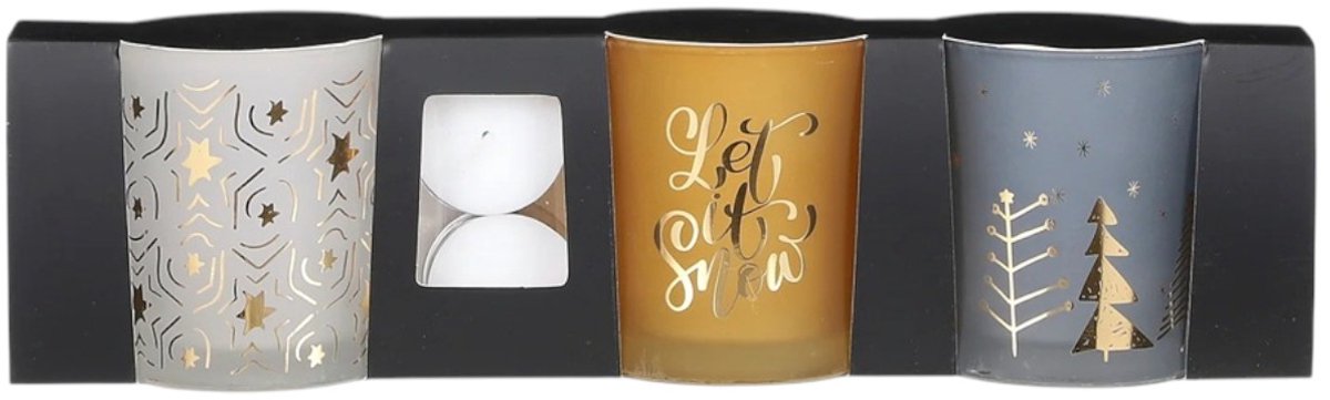 House of Seasons Theelichthouder - Set van 3 - H8 x Ø7 cm - Wit, Goud, Blauw