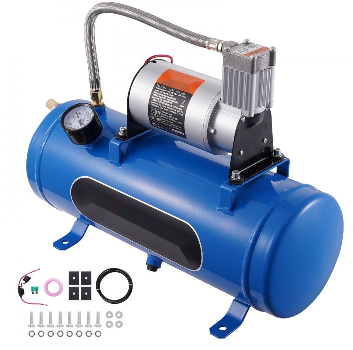 Luchtcompressor 12V - Treinhoorn Luchtcompressorset - 6L Tank - Werkdruk 90-120 psi - Geïntegreerd Systeem - Voor Banden Oppompen, Auto/Vrachtwagen/SUV - Blauw
