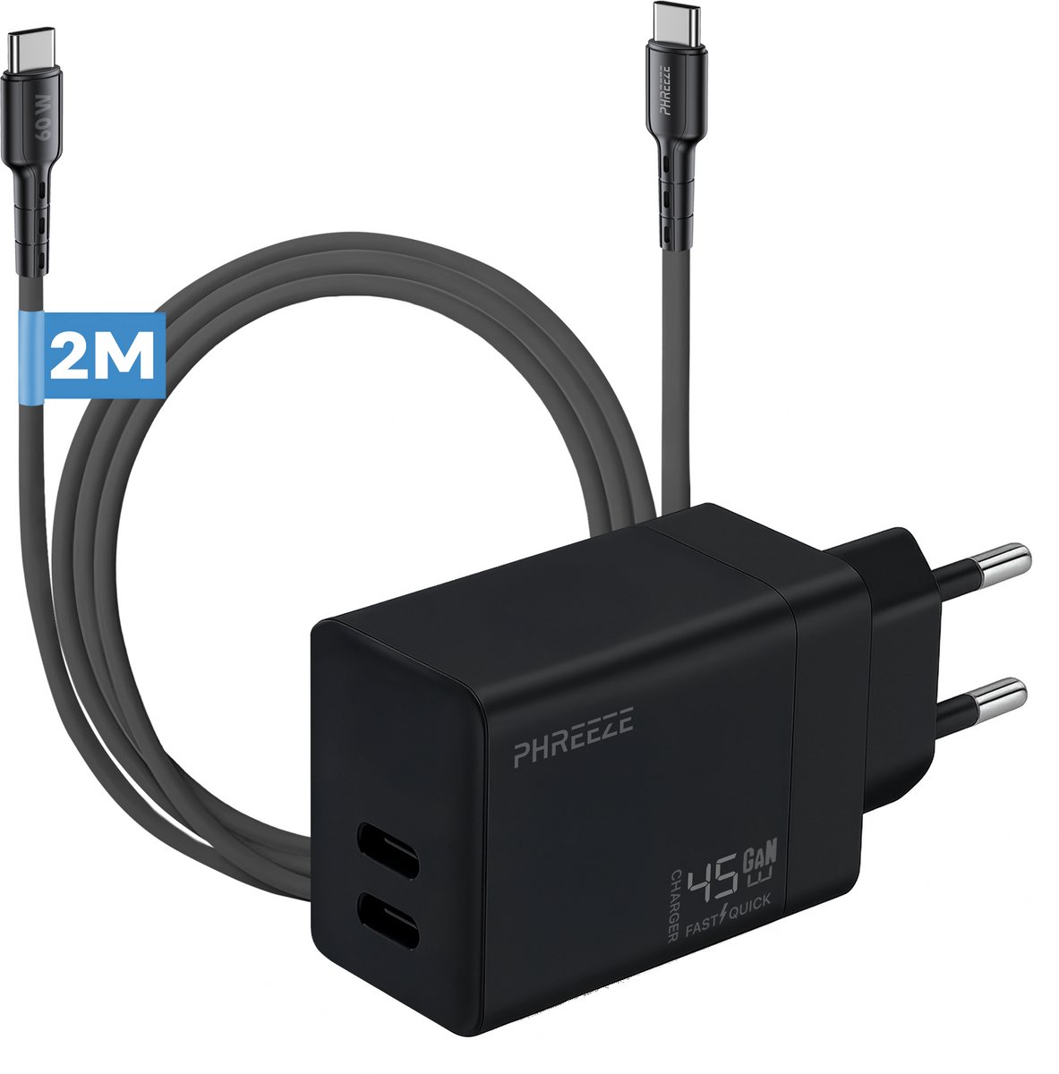 Phreeze dual port usb C adapter 45 W - Power Delivery snellader met usb C kabel 2 meter