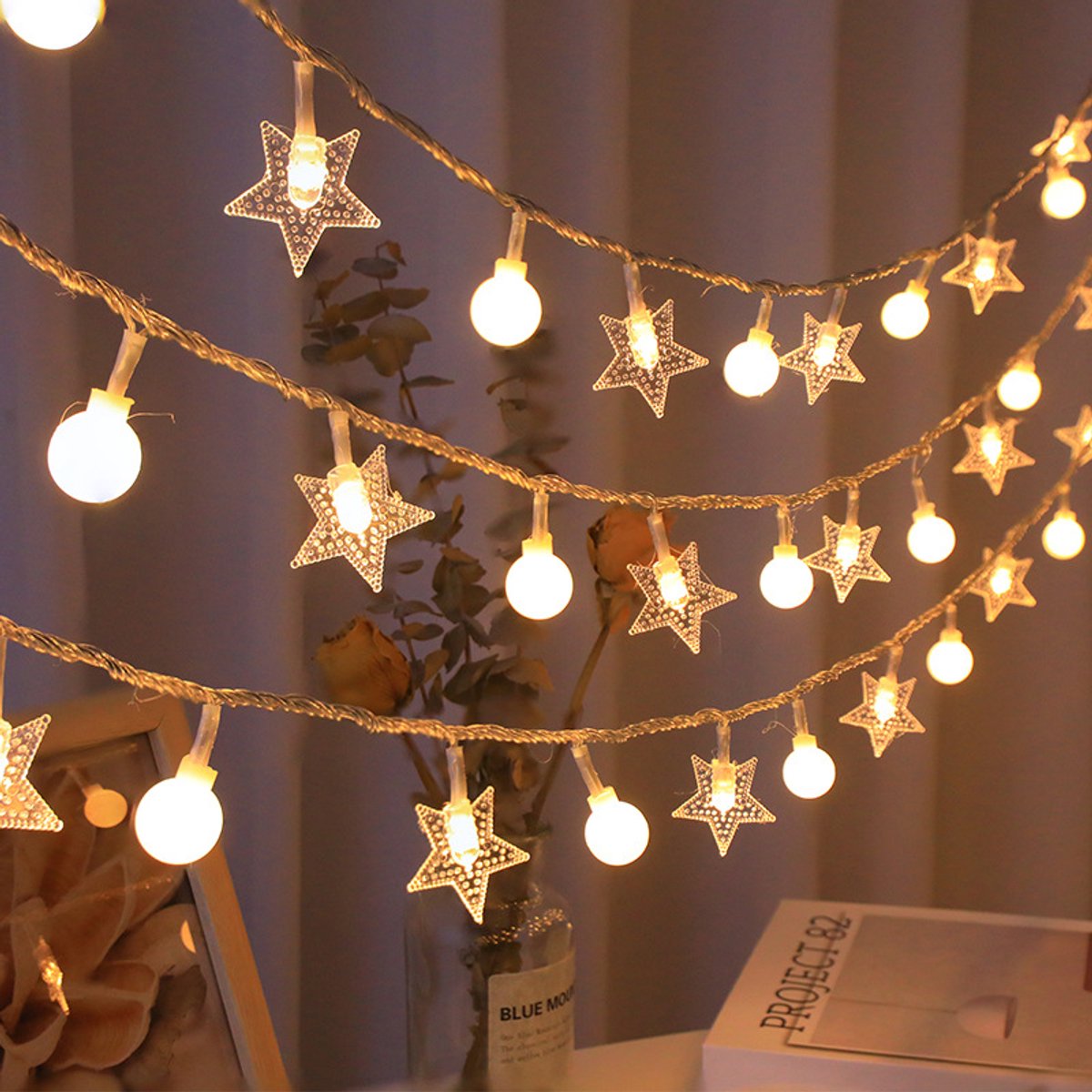 Kerstster + kleine ronde kraal Kerstverlichtingssnoer met USB-constant licht (10 meter, 80 lampjes) Buitenkampeertent Kerstsfeer decoratieve lichtstrip LED-lichtstrip Nieuwjaarsnachtlampje (warm wit)