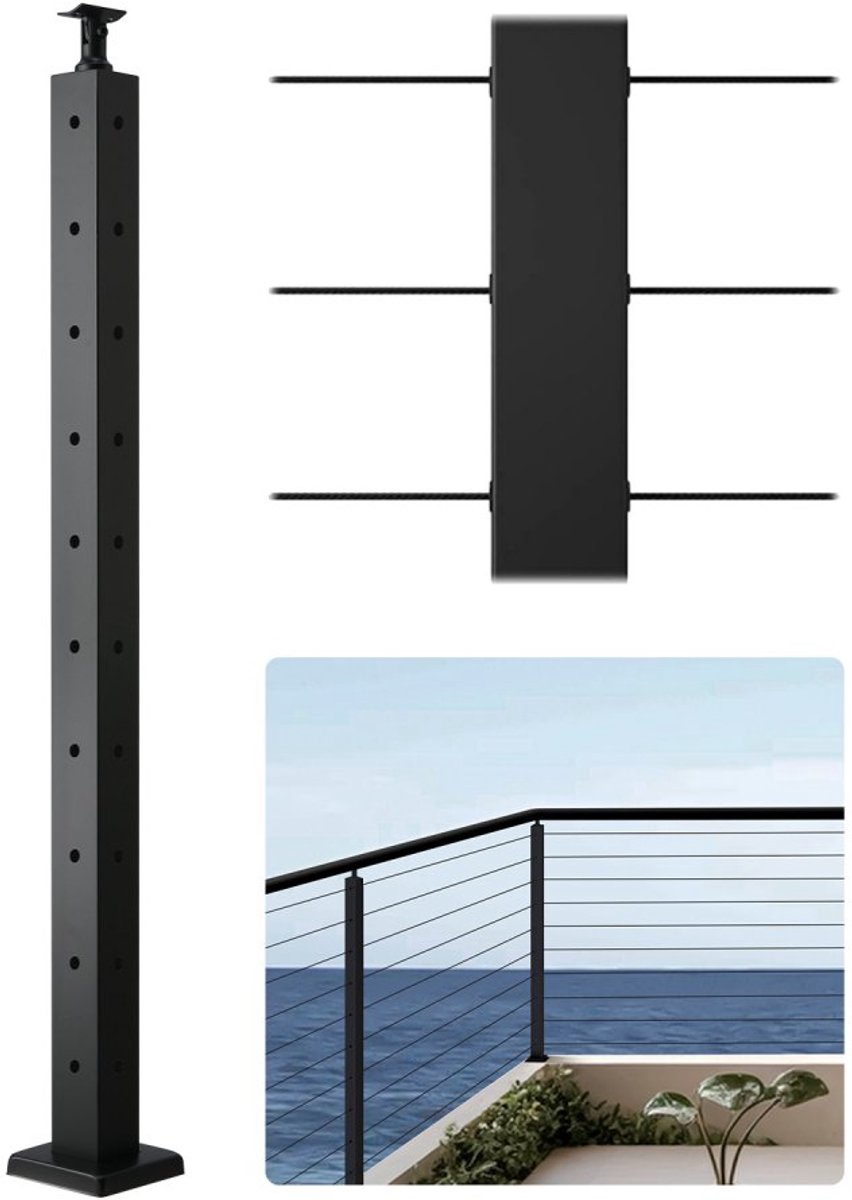 Leuningpaal voor kabelbalustrade - Trapleuning - RVS 304 (SUS304) - Voorgeboorde gaten - Hoogte 91,4 cm - Vierkant 5,08 x 5,08 cm - Zwart