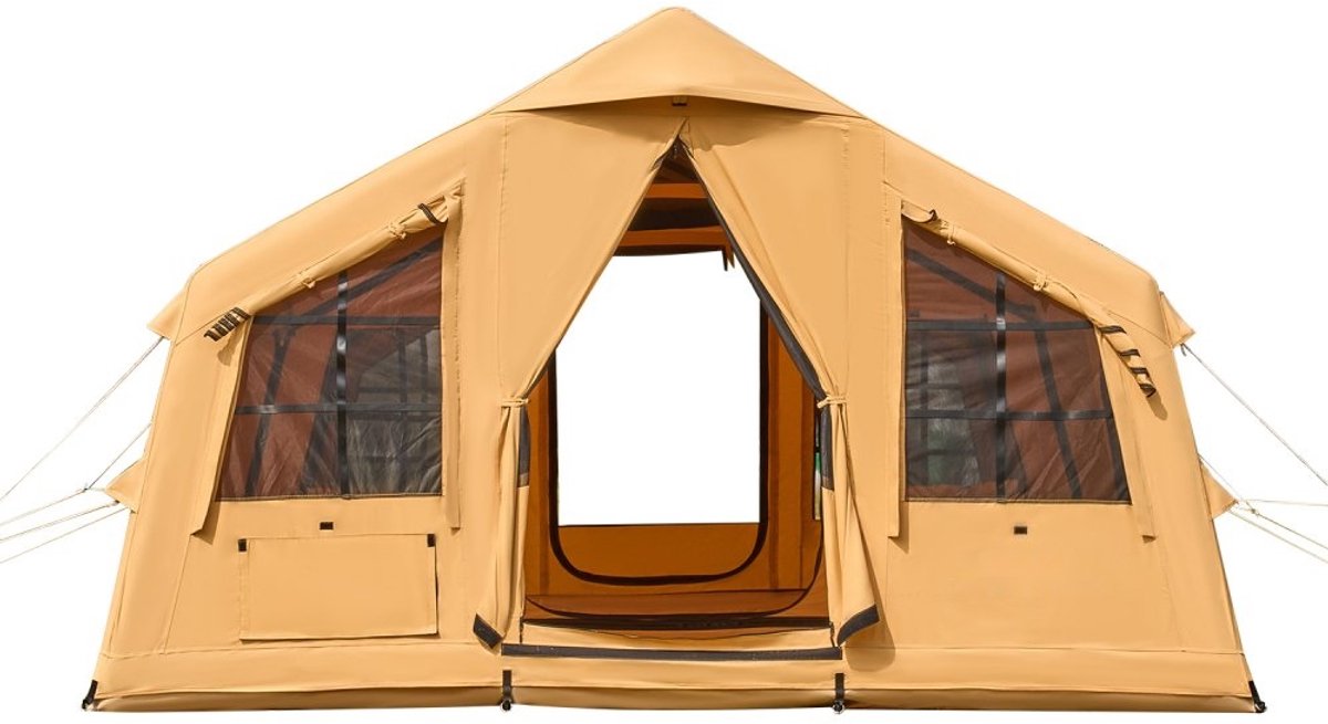 Opblaasbare kampeertent - Familietent/Glampingtent 8-12 personen - Afmeting 4,8 x 3,6 x 2,2 m - Inclusief handpomp - Luifel - Kachelaansluiting - Twee Deuren - Gaasramen – foto 2