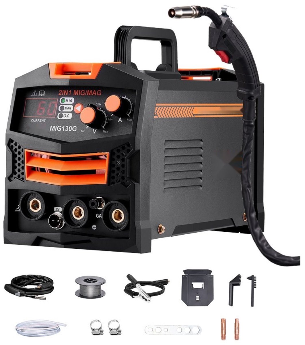 MIG/MAG lasapparaat - 130A Synergisch 2-in-1 - Gas en Gasloos - Gevulde Draad - IGBT-inverter - Digitaal Display