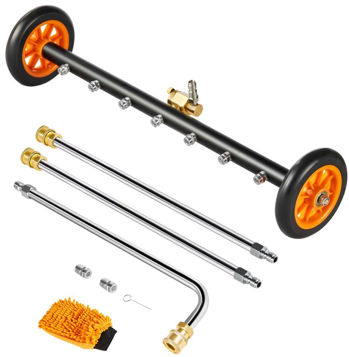 Auto onderbodemreiniger voor hogedrukreiniger - Opzetstuk 590 mm - RVS - Max. 4000 PSI - Hoekverstelling - 7 Sproeikoppen - 2 Verlengstangen