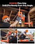 Drie afbeeldingen van een man die een boormachine gebruikt: ondersteboven, horizontaal en rechtop. "2248 lbf Firm Grip Drill Effortlessly from Any Angle".