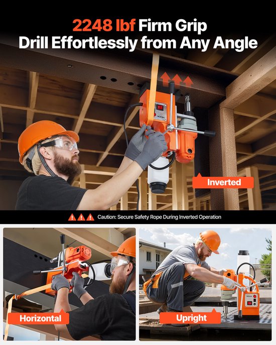 Drie afbeeldingen van een man die een boormachine gebruikt: ondersteboven, horizontaal en rechtop. "2248 lbf Firm Grip Drill Effortlessly from Any Angle".
