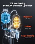 Illustratie van een boormachine met vloeistoftank, met "Efficient Cooling 24-Hour Continuous Operation" in tekst.