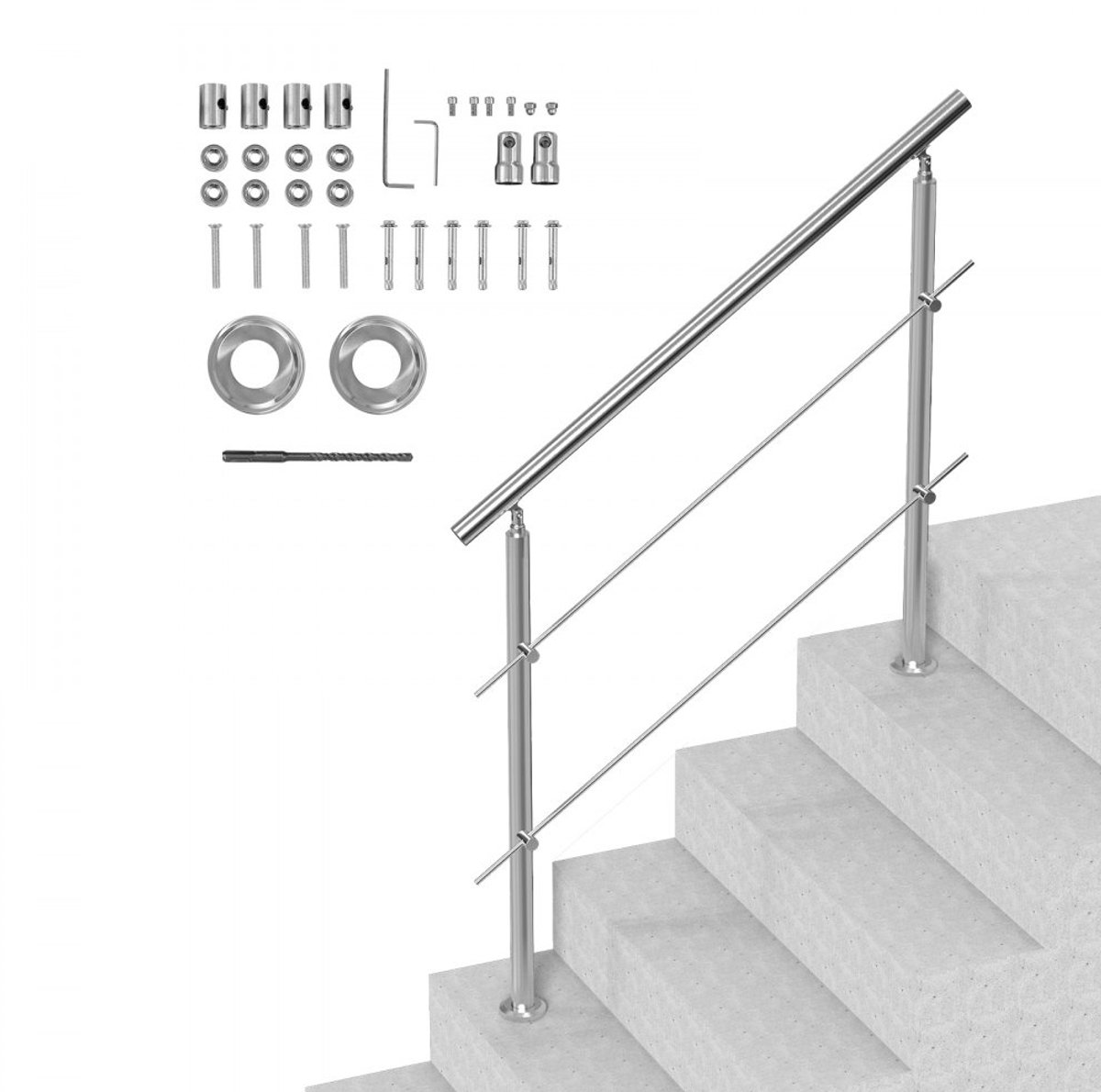 Buitentrapleuning - Trapleuningset - Lengte 120 cm - Dubbele Leuning - Roestvrij Staal - Inclusief Montageset - Voor Veranda en Terras