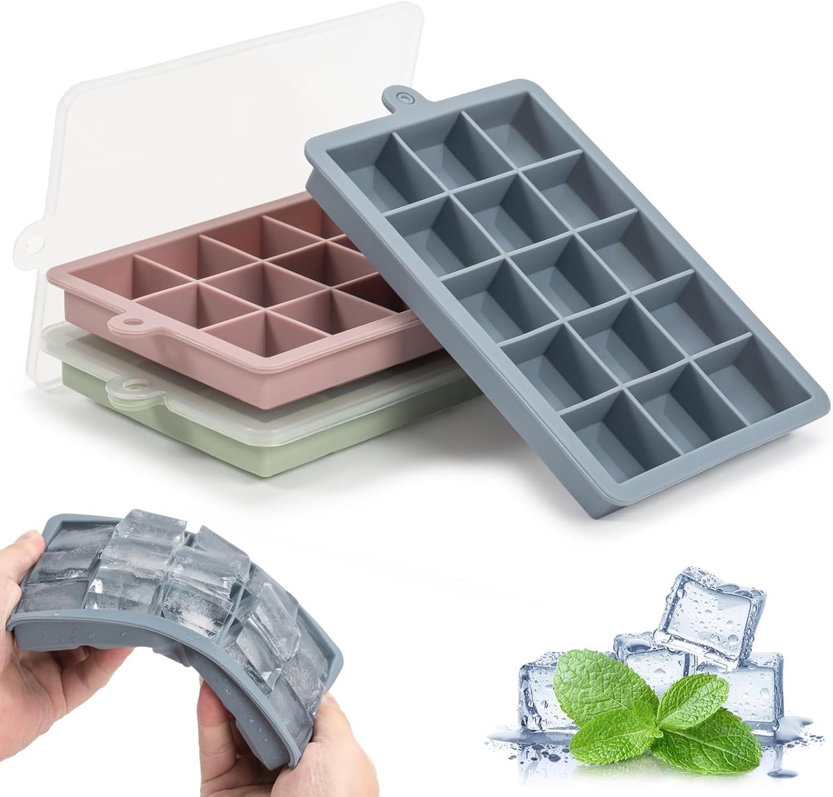 Famanu – Set van 3 siliconen ijsblokjesvormen – 15 vakjes per tray – Flexibel en BPA-vrij – Voor whisky, cocktails en babyvoeding