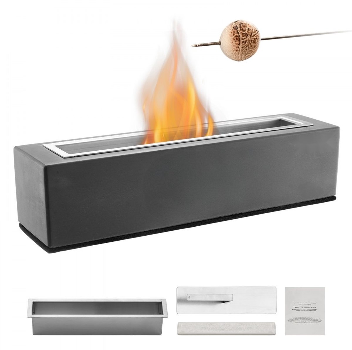 Tafelhaard - Betonnen vuurschaal - 38 x 10 x 13,5 cm - Voor ontsmettingsalcohol en bio-ethanol - S'moresmaker - Met brandblusserhoes - Vierkant - Lichtgrijs