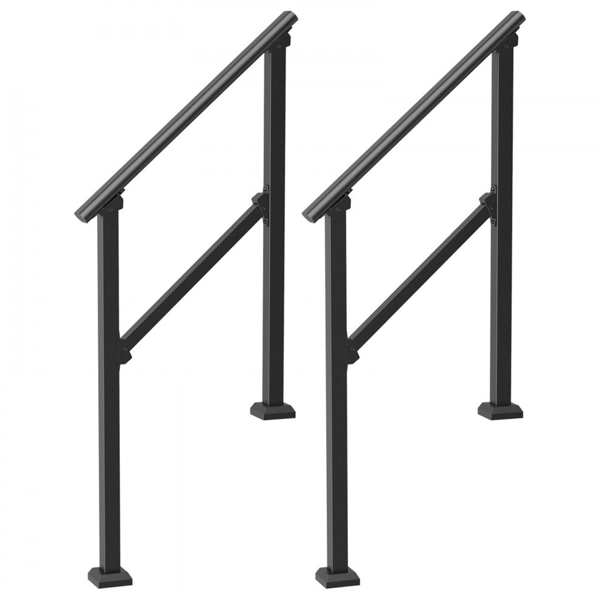 Buitentrapleuning - 2-Delige Leuningset - Voor 2-3 Treden - Koolstofstaal - Inclusief Montageset - Geschikt voor Beton, Veranda en Terras - Vierkante Buis - Zwart