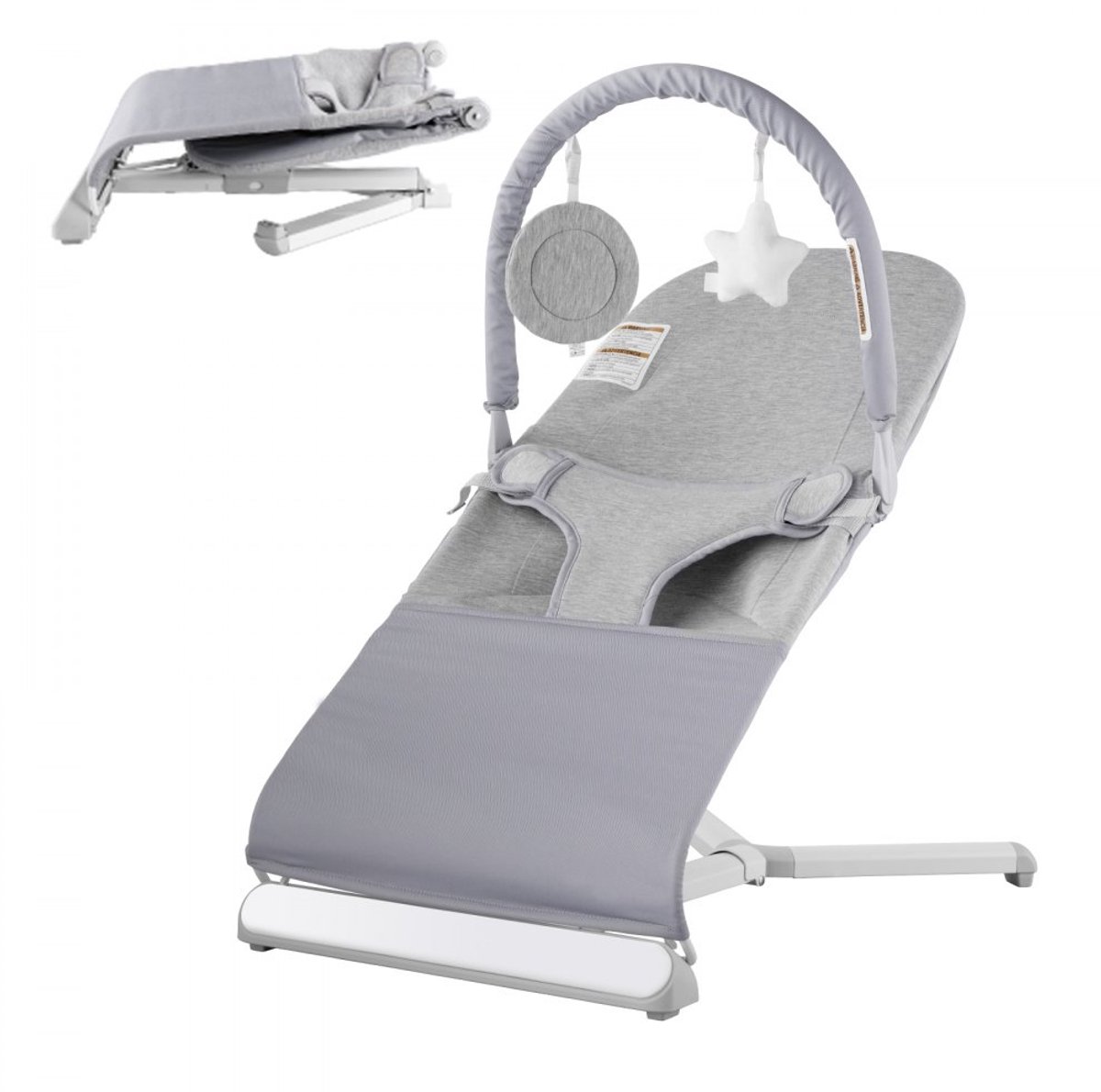 Wipstoel voor Baby - Opvouwbare Babyschommel - Voor 0-9 Maanden - Met 2 Ligstanden - Draaibare Speelgoedstang - Met Reistas - Voor Binnen en Buiten - Afmetingen 68,5 x 41 x 60 cm