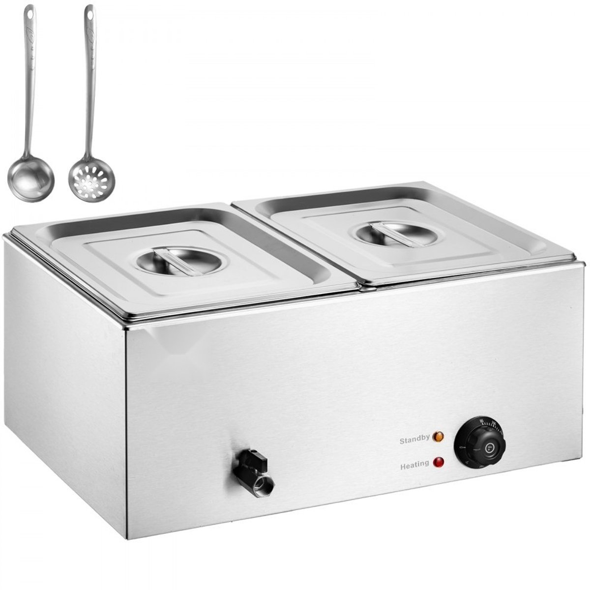 Professionele Voedselverwarmer - Elektrische Buffet Bain-Marie Stoomtafel - Twee 1/2 GN-bakken - Vermogen 1200 W - RVS - Temperatuurregeling 30-80°C