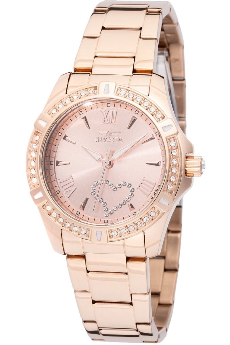 Invicta Angel 49843 Dames Horloge - Waterdicht - Analoog - Quartz Uurwerk - Roestvrij Staal met rosegouden Wijzerplaat - 34mm