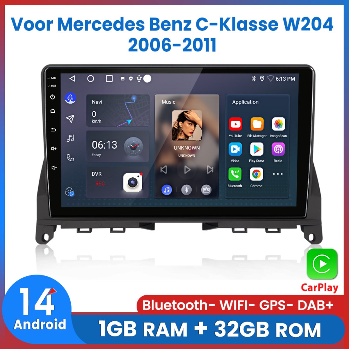Awesafe Autoradio - Draadloos Apple CarPlay Android Auto - Geschikt Voor Mercedes Benz C-Klasse W204 2006 t/m 2011 - RAM 1GB + ROM 32GB - Autoradio met navigatie GPS - Radio Scherm - 2006 2007 2008 2009 2010 2011