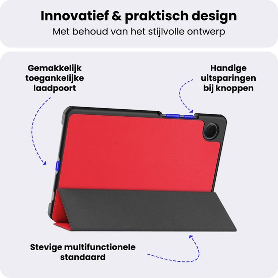 Samsung Galaxy Tab A9 Cover Book Case Case Luxe Trifold Cover avec protecteur d'écran - Samsung Galaxy Tab A9 Cover Bookcase - Rouge