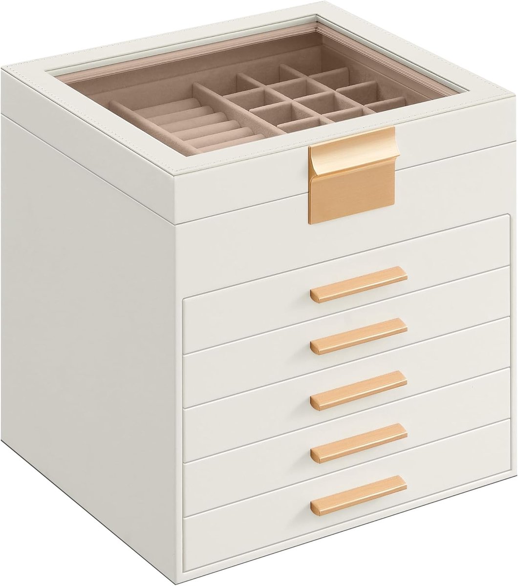 SONGMICS sieradendoos, 6 niveaus, met glazen deksel, 5 laden, sieradenopslag, opbergruimte, modern, cadeau-idee, 20,3 x 23,1 x 22,8 cm, wolk witgoud JBC176W01