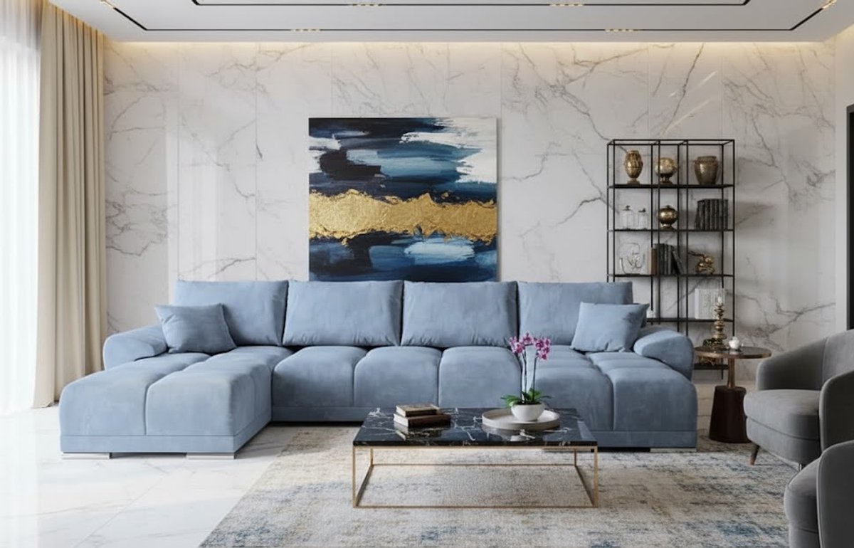 U-vormige Hoekbank met Slaapfunctie en Opbergruimte – Luxe Fluwelen Slaapbank met Bedfunctie en Kussens – Comfortabele Grote Hoekbank 365x189 cm – Uitklapbare Bank – Blauw – Novihome