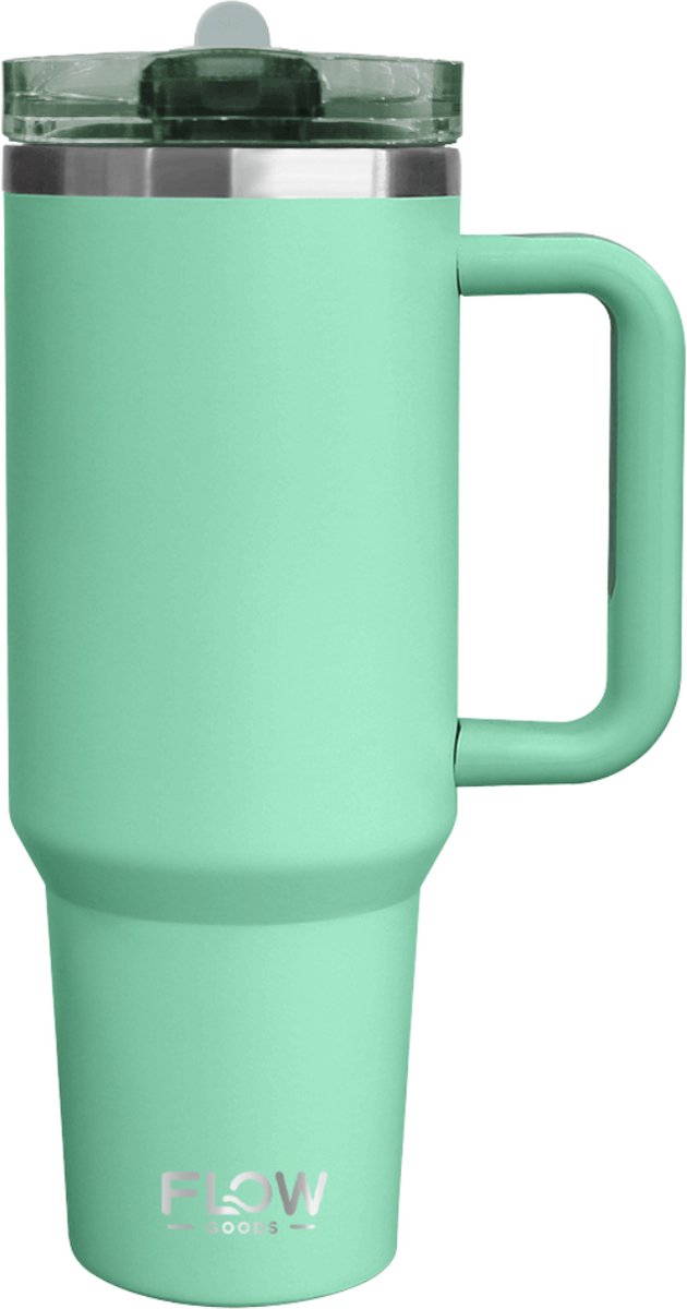 Flow Goods Flip Straw Tumbler - Turquoise Groen – Thermosbeker met Handvat – 100% Lekvrij - Drinkfles met Rietje – 1.2 Liter – Thermosbeker – Travel Mug