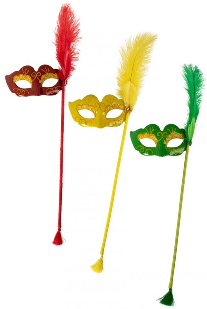 Oogmasker op stok, per stuk, rood/geel of groen 25 x 10