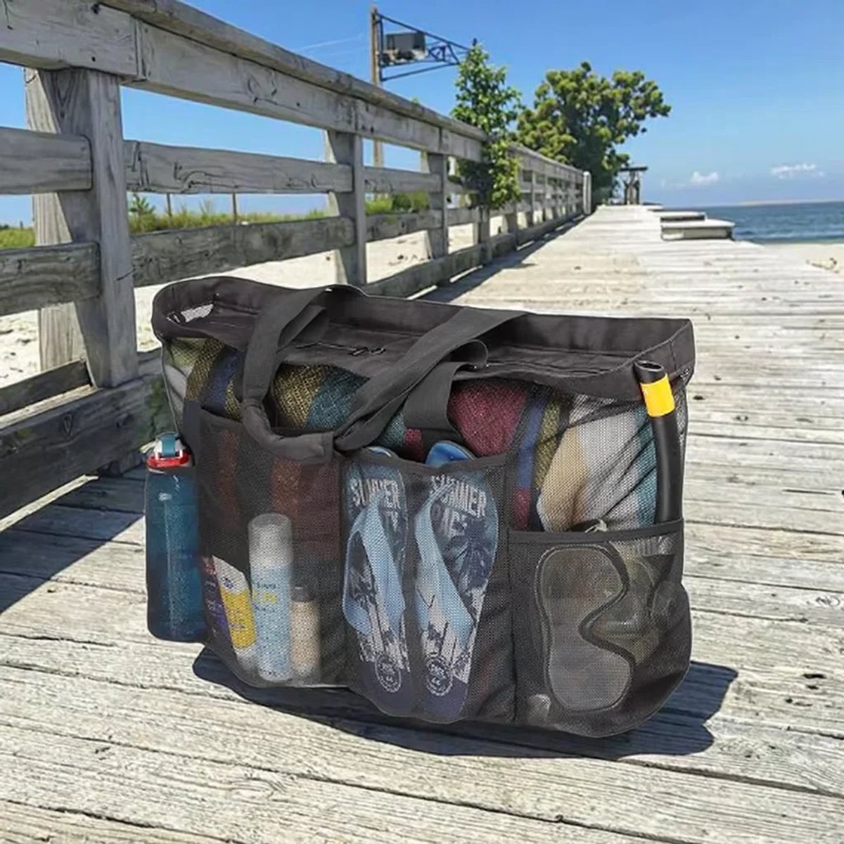 Without Lemon - XL Strandtas - Lichtgewicht Mesh - Ruime Familie- & Tas voor Buitenactiviteiten - Zwart