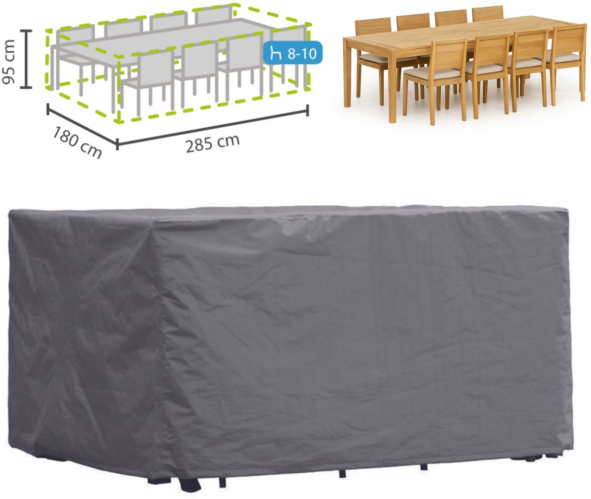 Perel Buitenhoes voor tuinset, grijs, rechthoekig, 285 cm x 180 cm x 95 cm