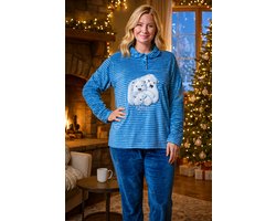 Pyjama - Pyjama Winter - Pyjama fleece - winterpyjama - Dames - Ronde Hals - maat S - ijsbeer en streepjes - Super zacht - HQ - ijsbeer - Roze - blauw