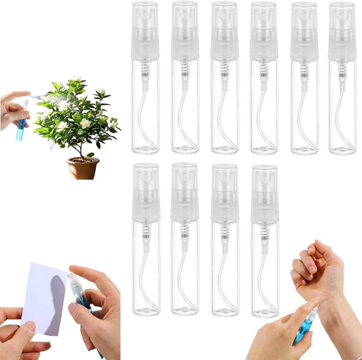 10 pack spray flesjes - parfum dispensers - mini spray flesjes - navulbaar - geschikt voor parfums, lotions, etherische oliën en water (1,2*5,5 cm - transparant)