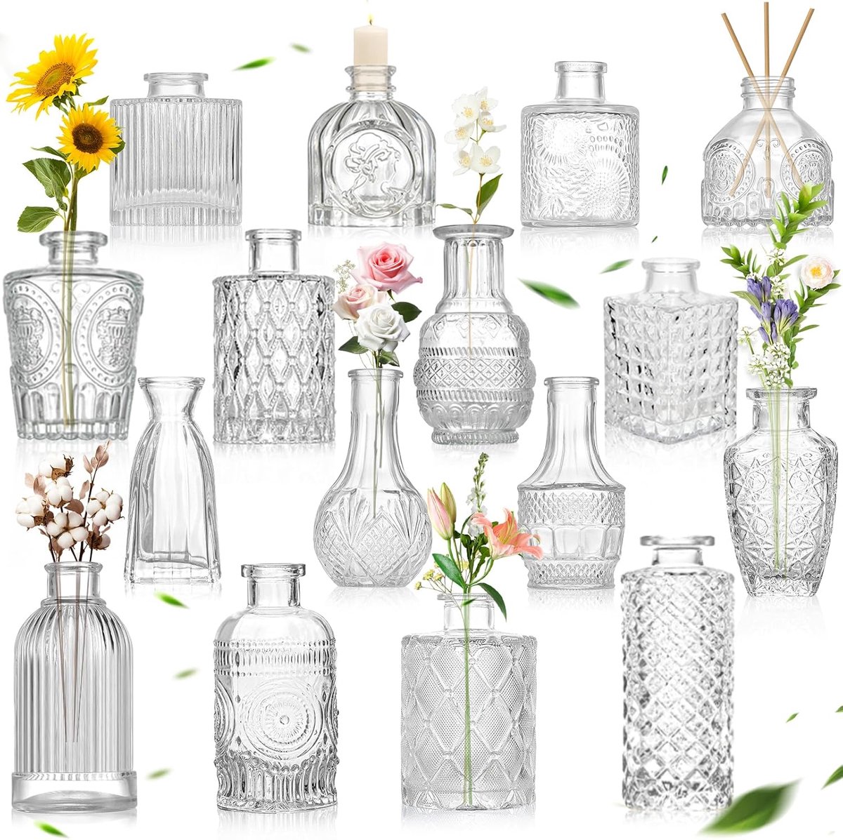 Famanu - Kleine glazen vazen vintage,Set van 16 glazen vazen vaas Mini Kleine Glazen Tafel Middenstukken Bloemen Vaas,voor Woonkamer Eettafel Bruiloft Middenstuk Binnen Slaapkamer Decoratie