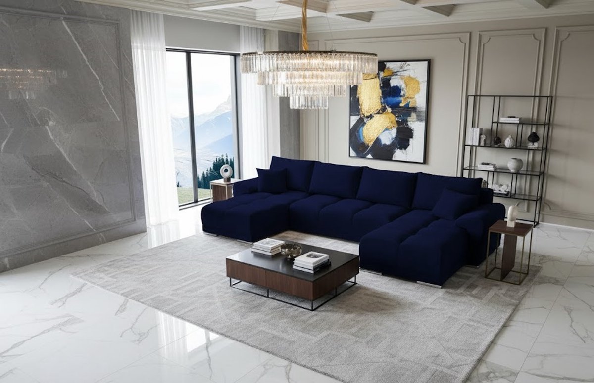 Hoekbank U-vorm Fluweel met Slaapfunctie en Opbergruimte – Luxe Uittrekbare Slaapbank 365x189 cm met Kussens – Donkerblauw – Novihome