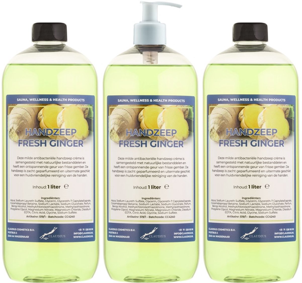 Handzeep Fresh Ginger 1 liter - set van 3 stuks - met gratis pomp - Voordeelverpakking