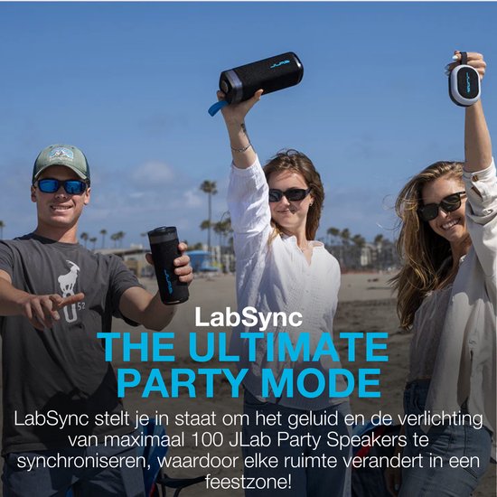 JLab Jbuds Bluetooth Speaker Draadloos - Draagbare Muziekbox - 12 uur Batterijduur - 30 Watt - Bass Boost - IPX6 Waterproof - Multipairing - Instelbare Party Lights - App Equalizer - Blauw